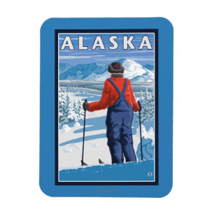 Ski fahren im Vintagen Reise-Plakat Alaskas Magnet