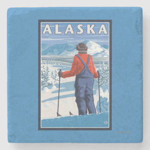 Ski fahren im Vintagen Reise-Plakat Alaskas Steinuntersetzer