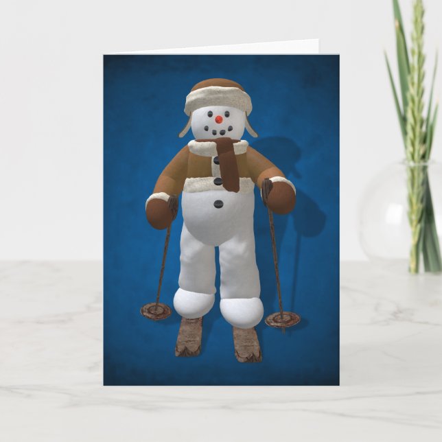 Ski fahrender Vintager Snowman Feiertagskarte (Vorderseite)