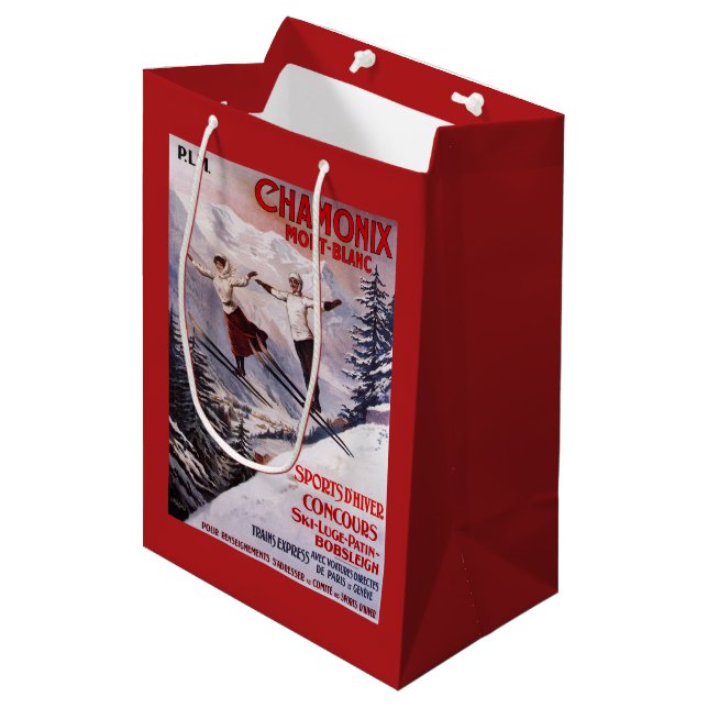 Ski fahrendes förderndes Plakat Mittlere Geschenktüte (Vorderseite Schrägansicht)