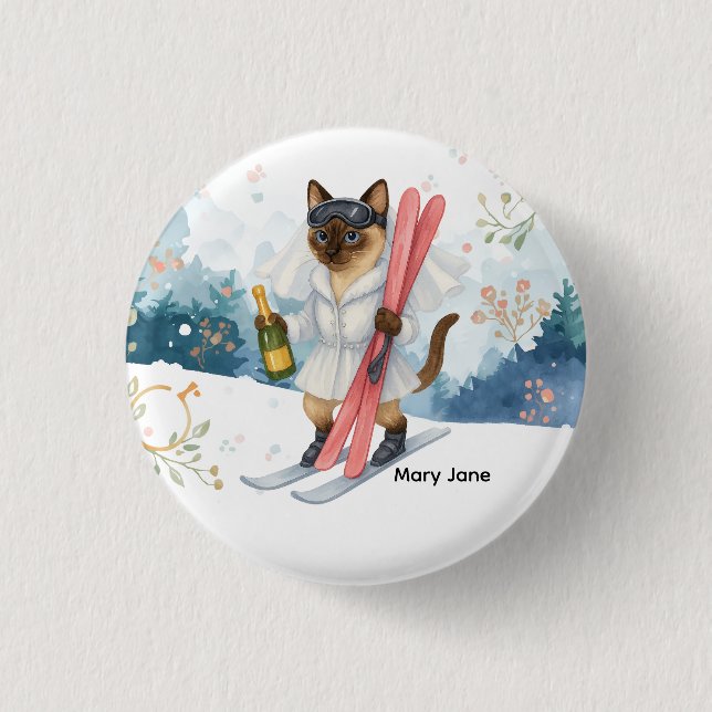 Ski für Junggeselinnen-Abschied Siam Katzenliebhab Button (Vorderseite)
