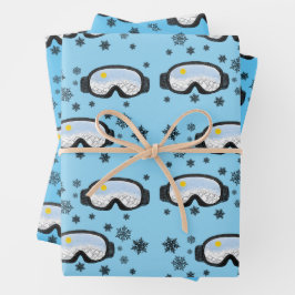 Ski Goggles Bergblick Schneeflocken Blau Geschenkpapier Set