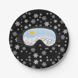 Ski Goggles Bergblick Schneeflocken Schwarz Pappteller
