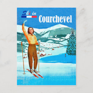 Ski in Courchevel, Frau auf Ski, Frankreich Postkarte
