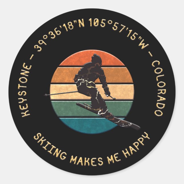 Ski Keystone, Colorado - Man Skier, gelber Text Runder Aufkleber (Vorderseite)