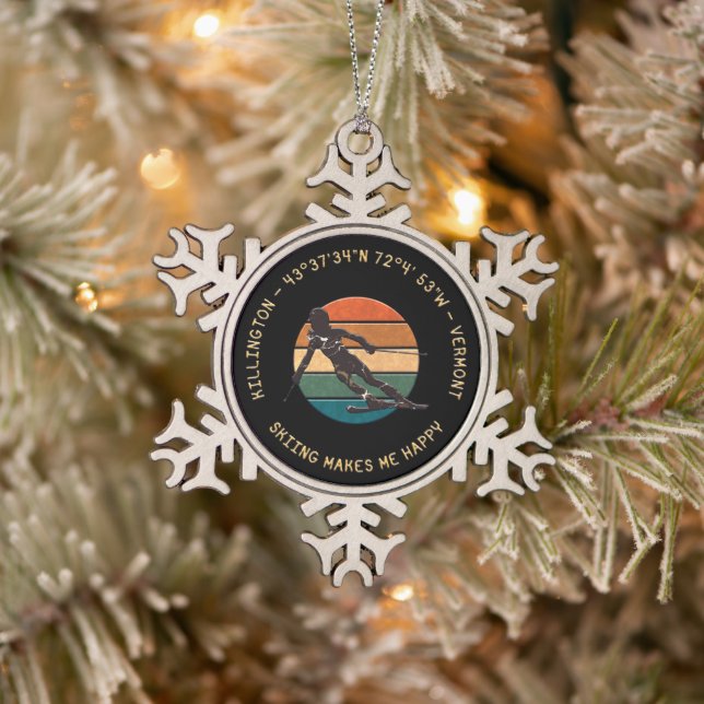 Ski Killington, Vermont - Frau Skier, Gelber Text Schneeflocken Zinn-Ornament (Baum)