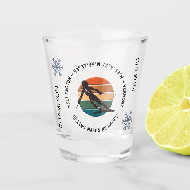Ski Killington, Vermont - Frau Skier, Schwarzer Te Schnapsglas (Vorderseite)