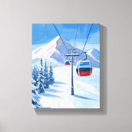 Ski Lift | Schneebedeckte Berggondel Aquarell Leinwanddruck