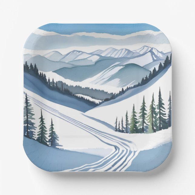 Ski Mountain Watercolor Pappteller (Vorderseite)