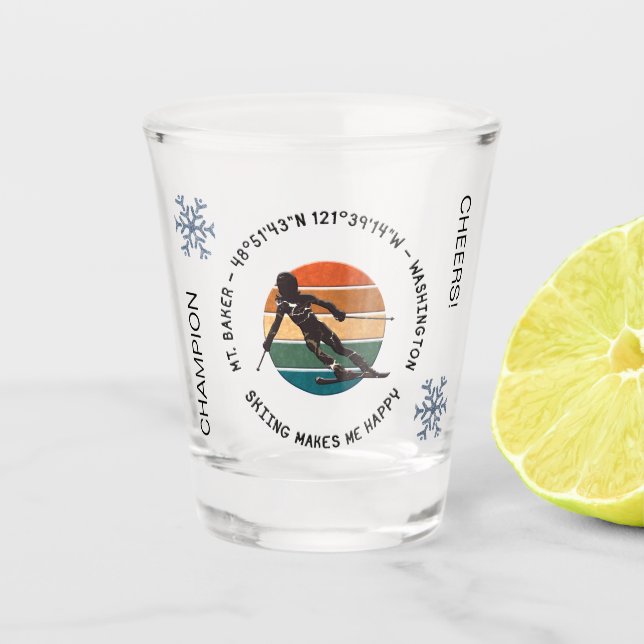 Ski Mt. Baker, Washington - Woman Skier Black Text Schnapsglas (Vorderseite)