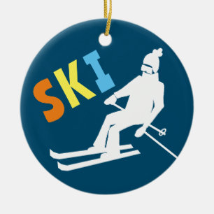 Ski Retro Skier Winter Blue White Keramik Ornament