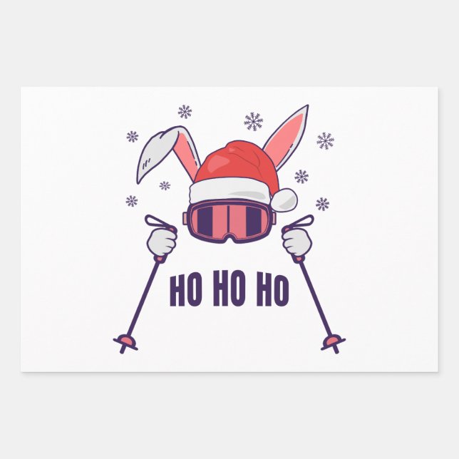 Ski Santa Rabbit mit Weihnachtsmannmütze und Skist Geschenkpapier Set (Vorderseite)