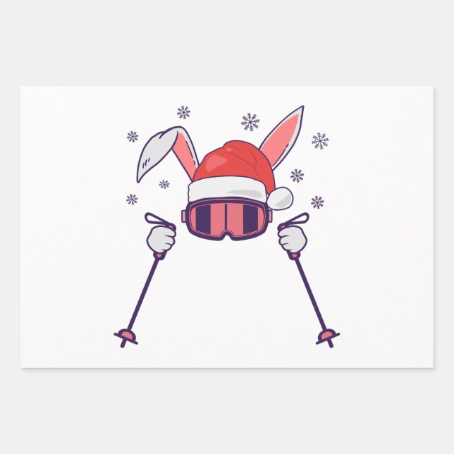 Ski Santa Rabbit mit Weihnachtsmannmütze und Skist Geschenkpapier Set (Vorderseite)