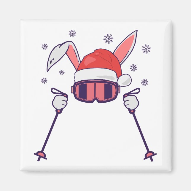 Ski Santa Rabbit mit Weihnachtsmannmütze und Skist Magnet (Vorne)