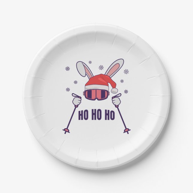 Ski Santa Rabbit mit Weihnachtsmannmütze und Skist Pappteller (Vorderseite)