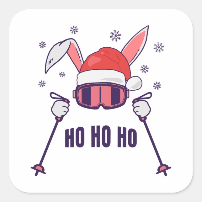 Ski Santa Rabbit mit Weihnachtsmannmütze und Skist Quadratischer Aufkleber (Vorderseite)