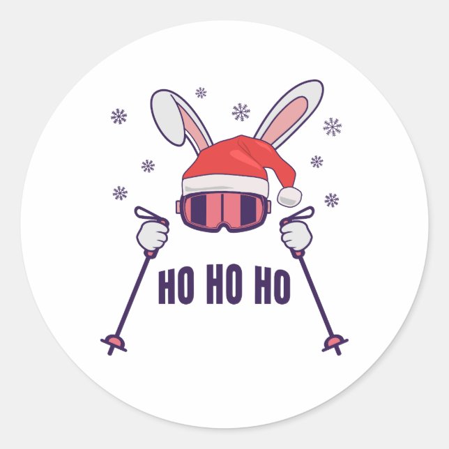 Ski Santa Rabbit mit Weihnachtsmannmütze und Skist Runder Aufkleber (Vorderseite)