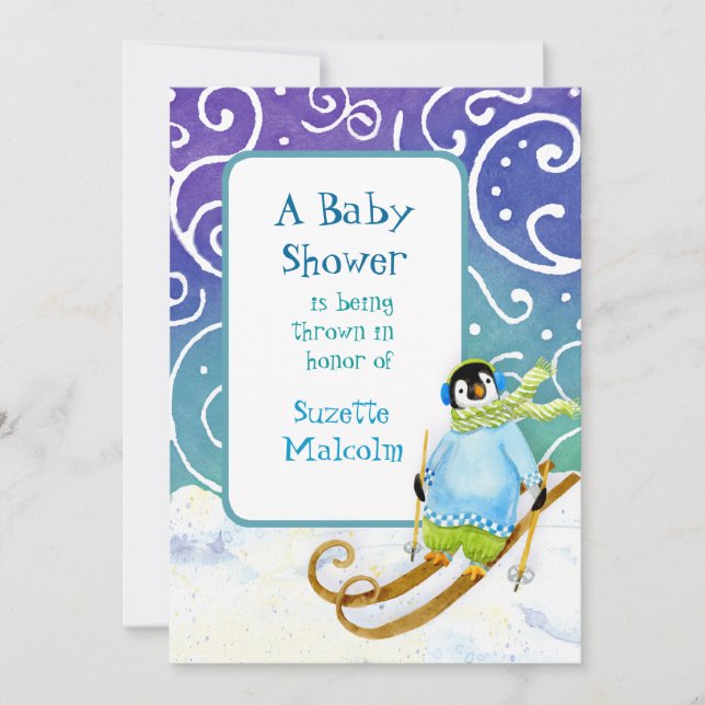 Ski Ski Snowboard Penguin Baby shower Invitation (Devant)