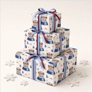 Ski-Teddy-Bär-Schneebedeckter-Berg-Winter Geschenkpapier