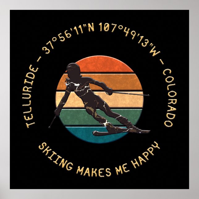 Ski Telluride, Colorado - Skierin, Gelber Text Poster (Vorne)