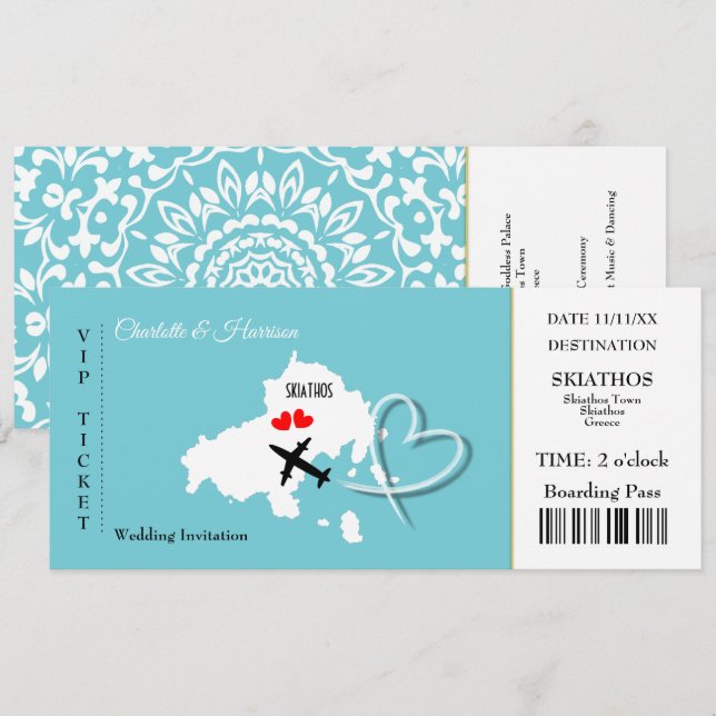 Skiathos Wedding Destination Ticket Boarding Pass Einladung (Vorne/Hinten)