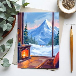 Skiausflug | Wasserfarbenes Winterbild Berghütte Postkarte