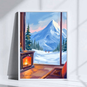 Skiausflug Wasserfarbenes Winterbild der Berghüt Poster