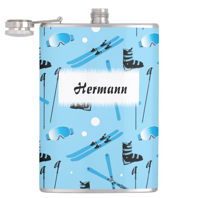 Skiausrüstung Muster Blau Personalisiert Flachmann (Geöffnet)