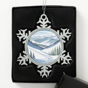 Skiberg Aquarell Schneeflocken Zinn-Ornament