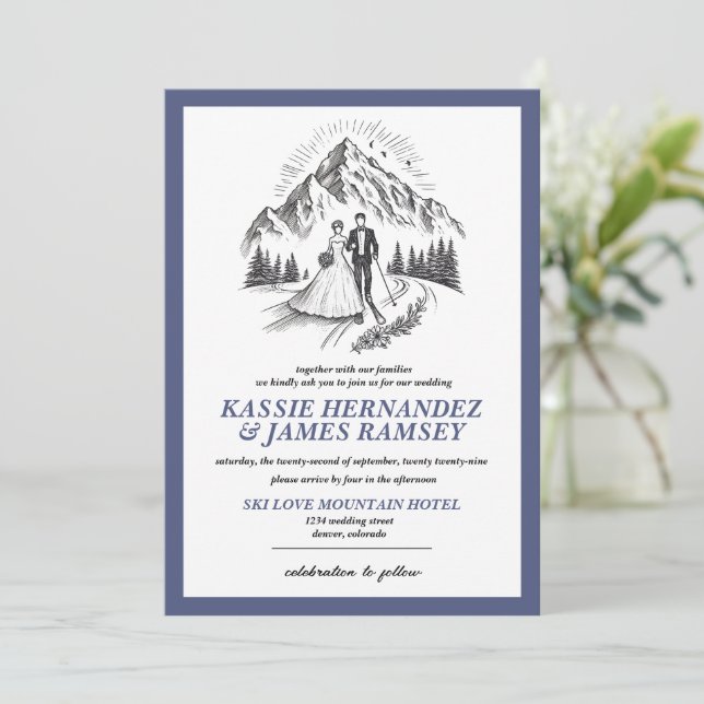 Skicouple Wedding Einladung (Stehend Vorderseite)