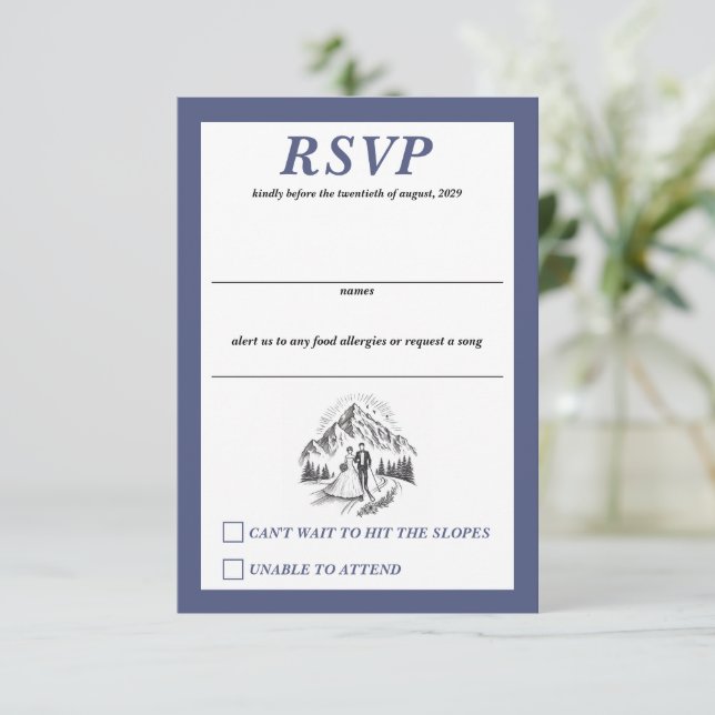 Skicouple Wedding RSVP Karte (Stehend Vorderseite)
