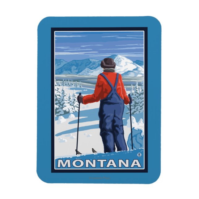 Skier AdmiringMontanaVintage Reiseplakat Magnet (Vertikal)
