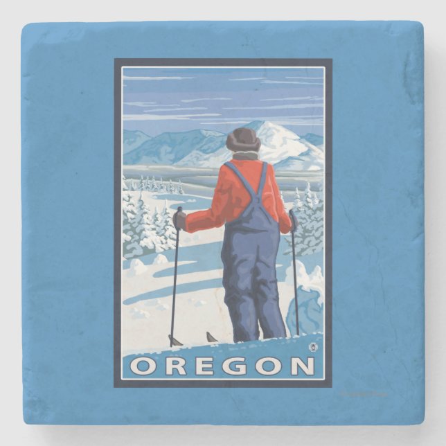 Skier-bewundern Vintages Reise-Plakat Steinuntersetzer (Vorderseite)