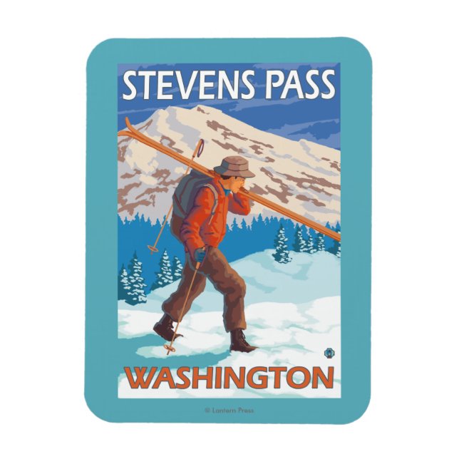 Skier Carry Snow Skis - Stevens Pass, WA Magnet (Vertikal)