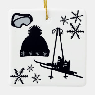 Skier, Hut, Schutzbrille und Schneeflocken Keramikornament