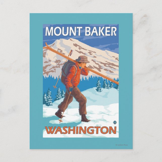 Skier mit Schneeschuhen - Berg Baker, WA Postkarte (Vorderseite)