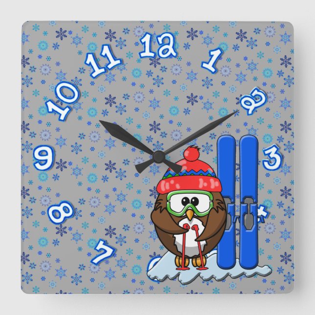 skier owl quadratische wanduhr (Vorderseite)