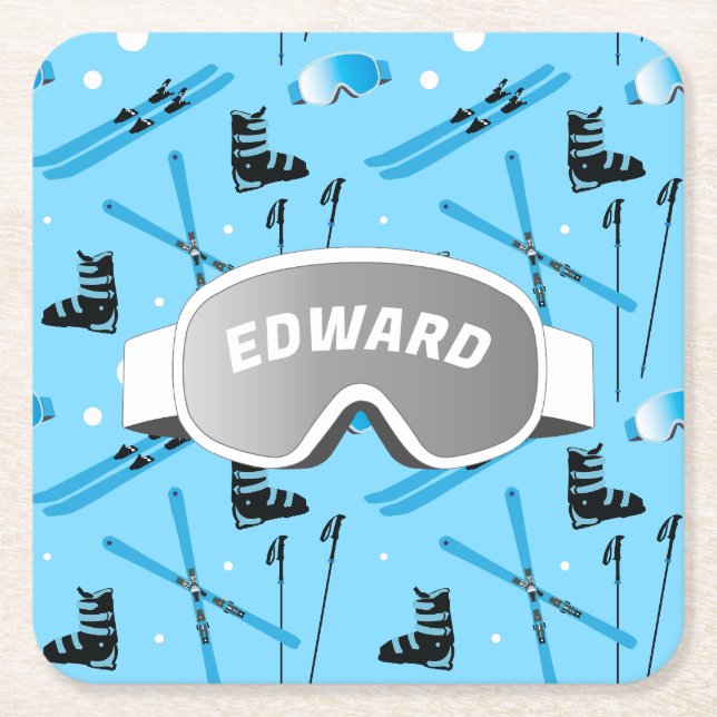 Skier Personalised Skiing Themed Blue Apres Ski Rechteckiger Pappuntersetzer (Vorderseite)