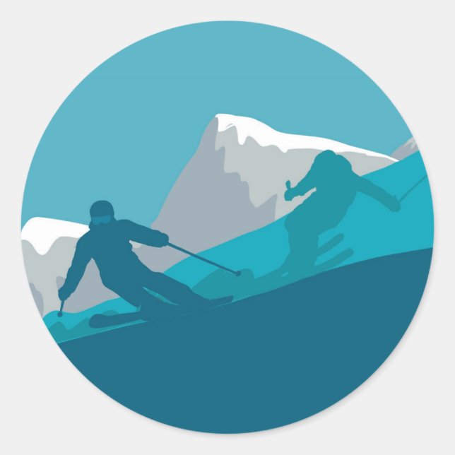 Skier Silhouette Skifahren Runder Aufkleber (Vorderseite)