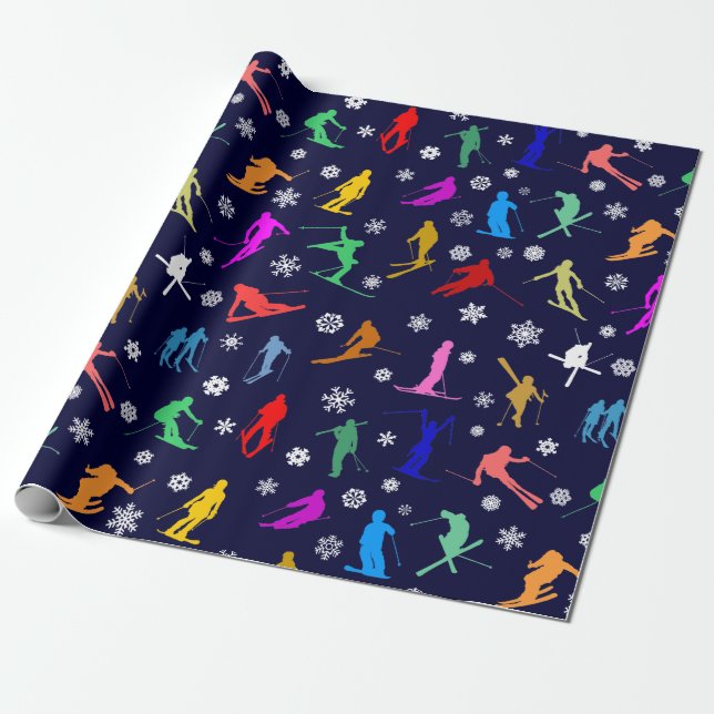 Skiermuster Farbige Silhouetten auf dunklem Boden Geschenkpapier (Ungerollt)