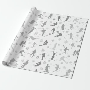 Skiermuster Graue Silhouetten auf Weiß Geschenkpapier