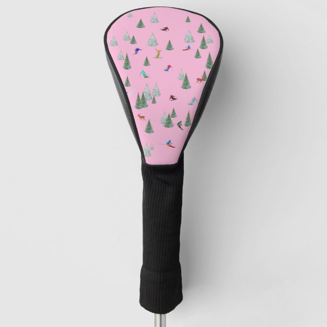 Skiers Downhill Skiing Illustration Pastel Pink Golf Headcover (Vorderseite)