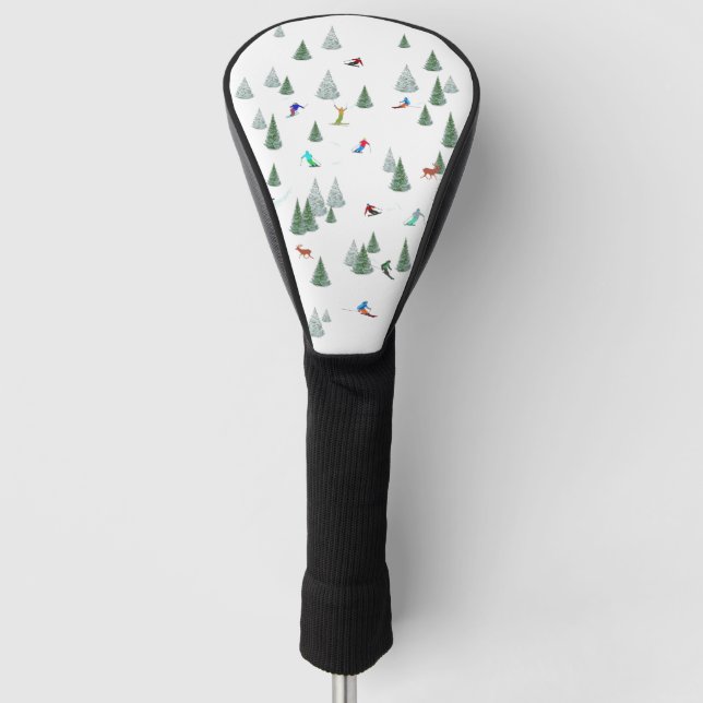 Skiers Downhill Skiing Illustration White Golf Headcover (Vorderseite)