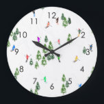 Skiers Skiing Illustration Ski Winter Slope Große Wanduhr<br><div class="desc">Cool winter themed skier pattern design with skiers skiing down alpine ski resort slopes among snow covered fir trees in alps. Freeride skiers are wearing colorful vintage retro ski suits, skiing downhill with skis on a white snowy mountain landscape background. Wonderful winter sport fun gift for a skier in your...</div>