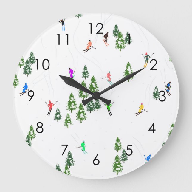 Skiers Skiing Illustration Ski Winter Slope Große Wanduhr (Vorderseite)