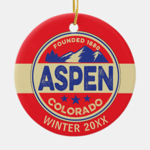 Skifahren Aspen Blau & Rot Keramik Ornament