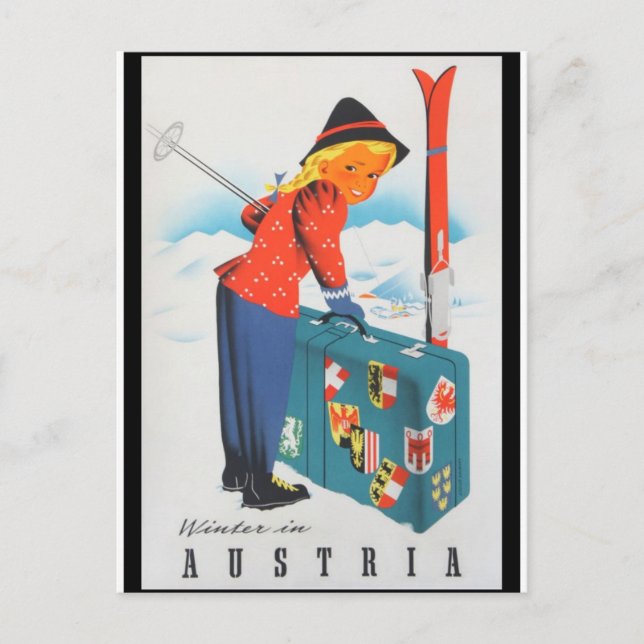 Skifahren im österreichischen Vintage Reiseplakat Postkarte (Vorderseite)