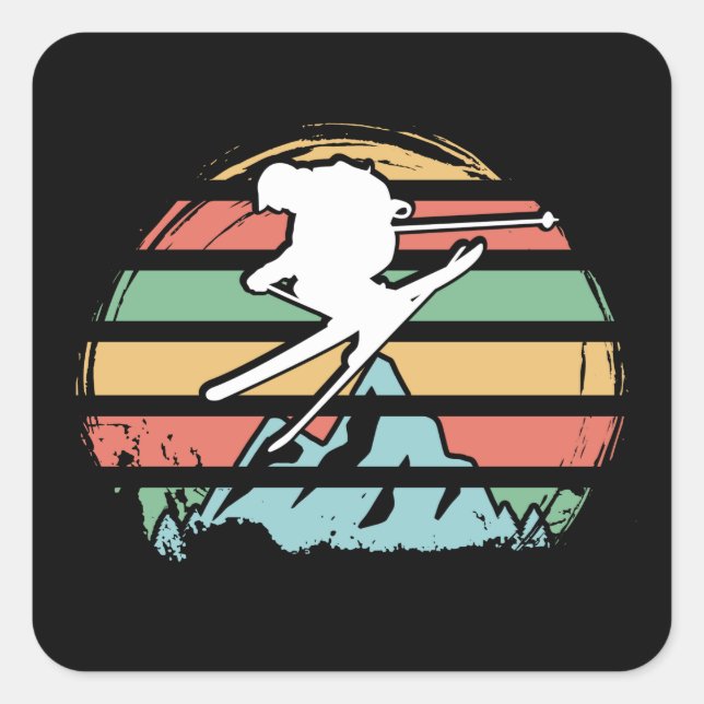 Skifahren im Retro Quadratischer Aufkleber (Vorderseite)