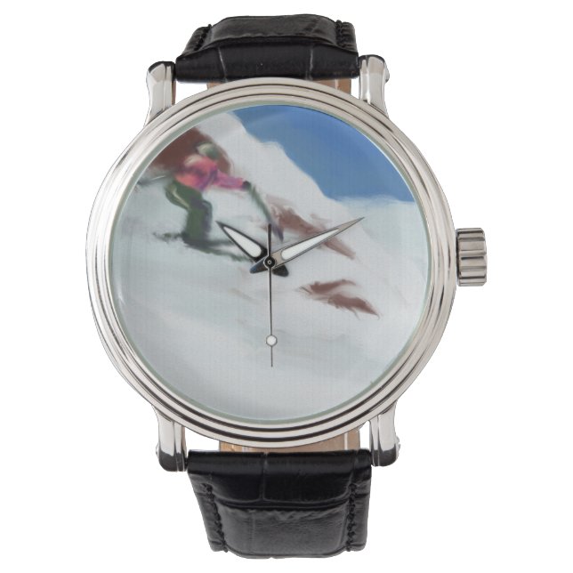 Skifahren im Schnee Armbanduhr (Vorderseite)