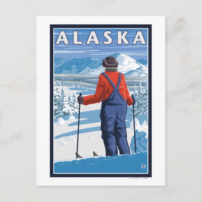 Skifahren in Alaska Vintage Reiseplaner Postkarte (Vorderseite)